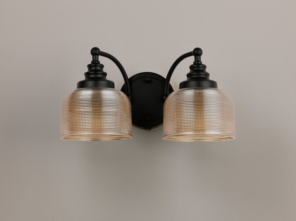 Luminosity Designs - Matt Black Sledmere Double Wall Light, Switched, 2 x E27, Glass Shade - Luminosity Designs Ltd