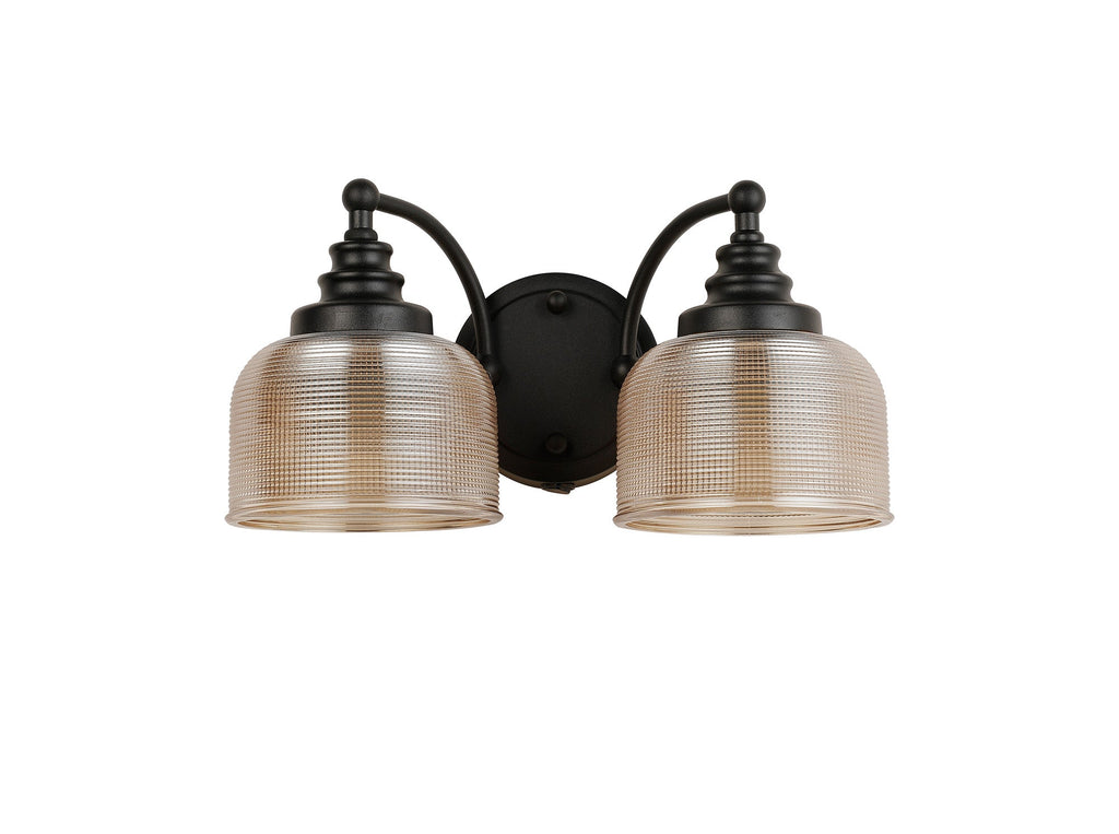 Luminosity Designs - Matt Black Sledmere Double Wall Light, Switched, 2 x E27, Glass Shade - Luminosity Designs Ltd