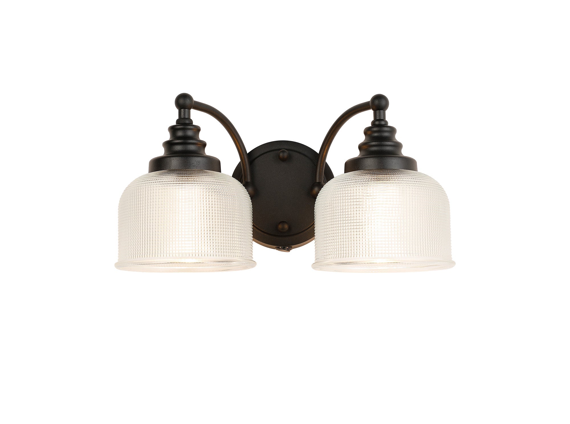 Luminosity Designs - Matt Black Sledmere Double Wall Light, Switched, 2 x E27, Glass Shade - Luminosity Designs Ltd