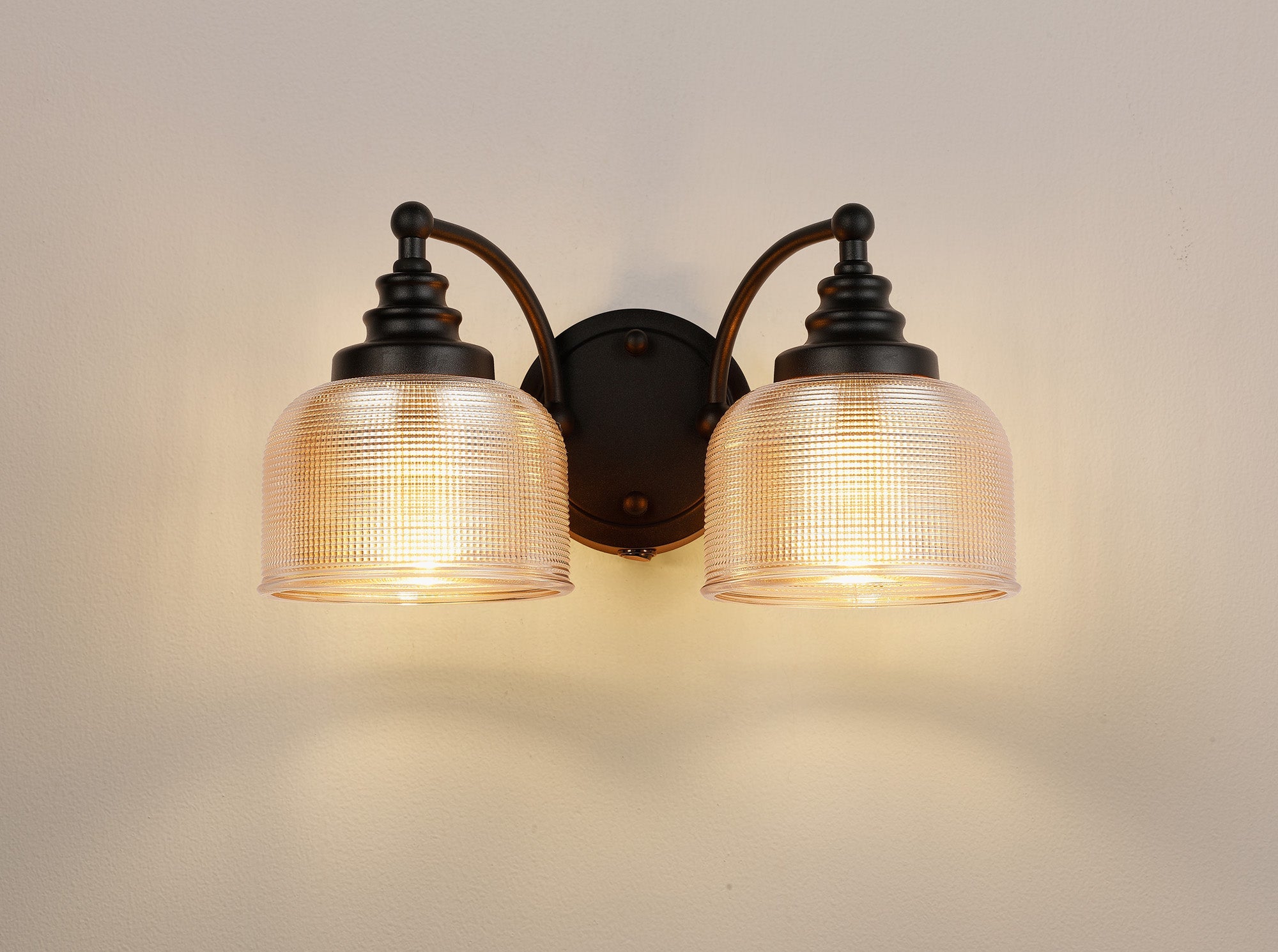 Luminosity Designs - Matt Black Sledmere Double Wall Light, Switched, 2 x E27, Glass Shade - Luminosity Designs Ltd