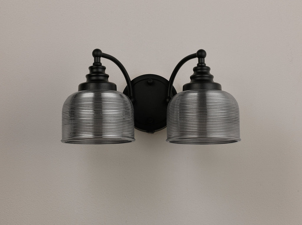Luminosity Designs - Matt Black Sledmere Double Wall Light, Switched, 2 x E27, Glass Shade - Luminosity Designs Ltd