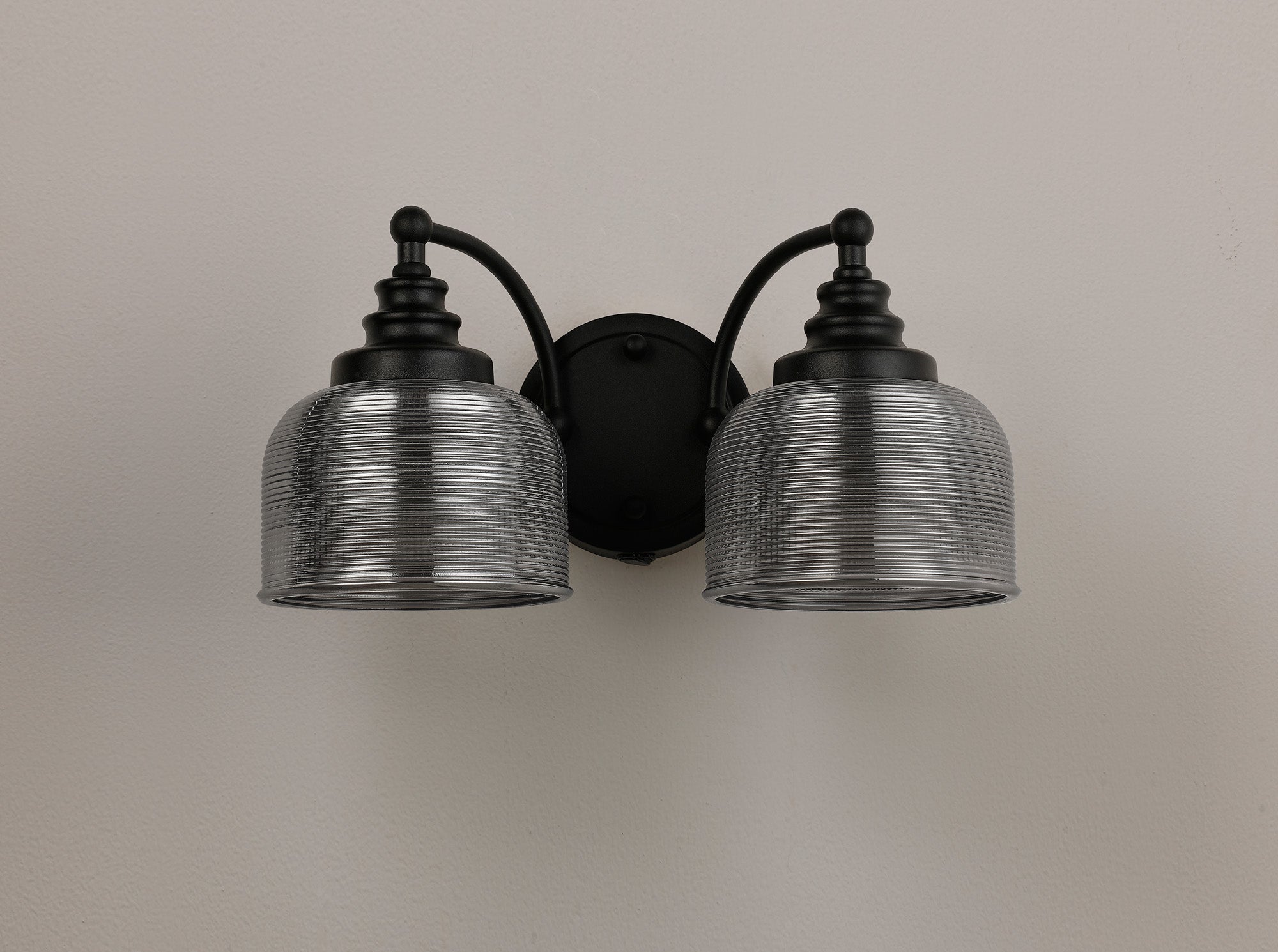 Luminosity Designs - Matt Black Sledmere Double Wall Light, Switched, 2 x E27, Glass Shade - Luminosity Designs Ltd