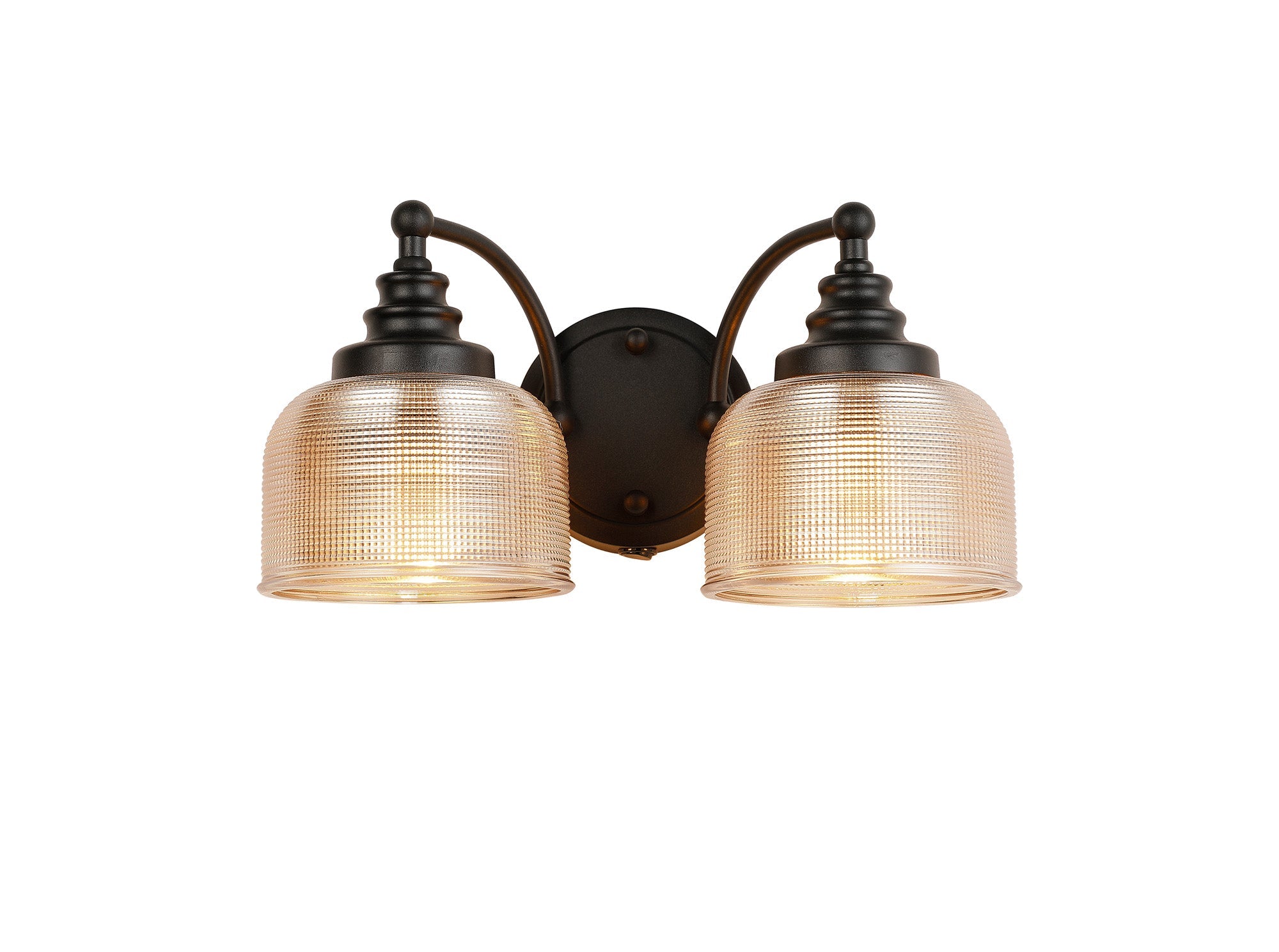 Luminosity Designs - Matt Black Sledmere Double Wall Light, Switched, 2 x E27, Glass Shade - Luminosity Designs Ltd