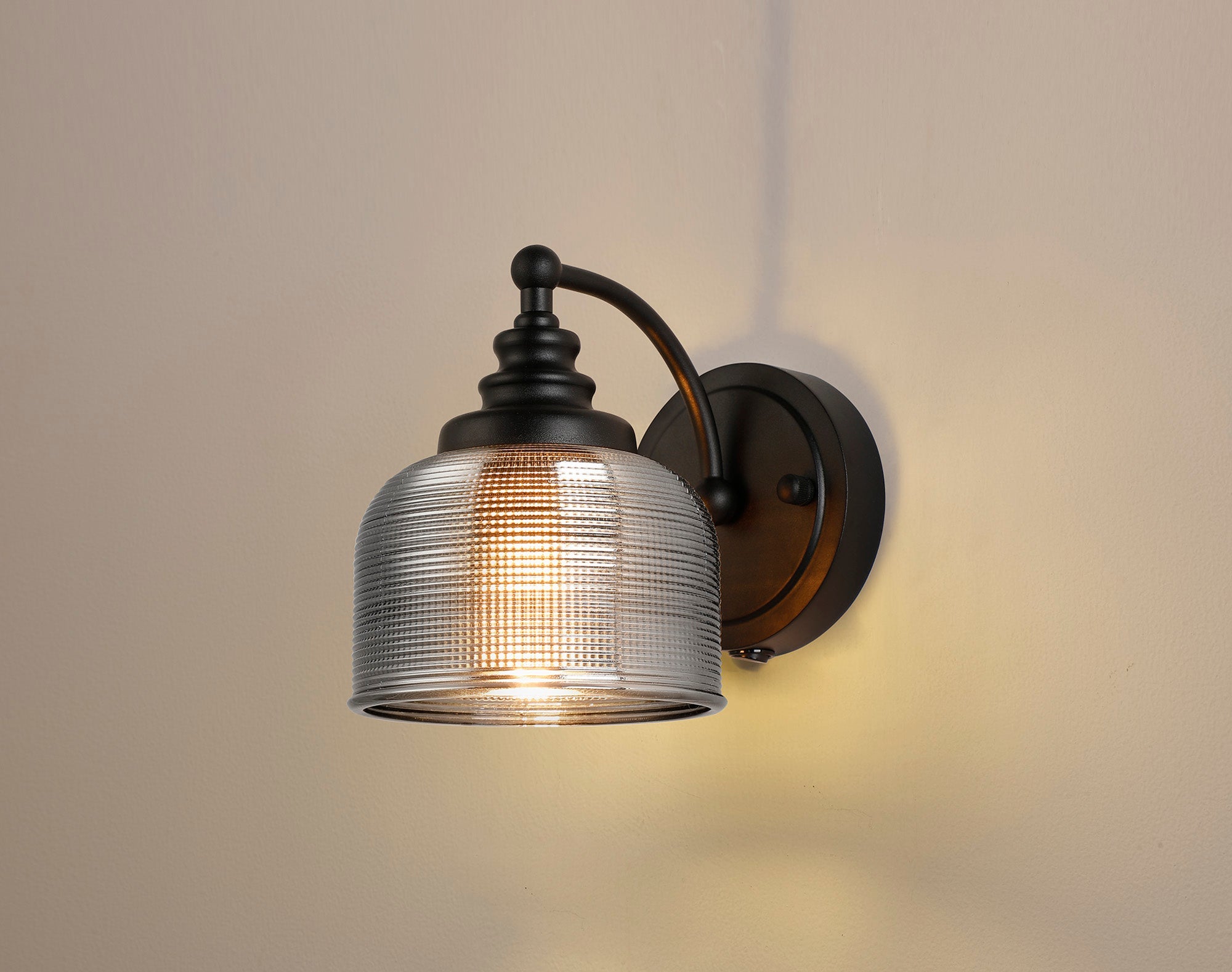 Luminosity Designs - Matt Black Sledmere Single Wall Light, Switched, 1 x E27, Glass Shade - Luminosity Designs Ltd