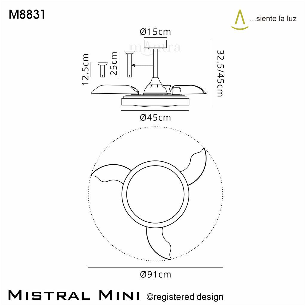 Mantra - Mistral Mini 40W LED Dimmable Ceiling Light With Built - In 28W DC Fan, 2700 - 5000K Remote Control, 2500lm - Luminosity Designs Ltd