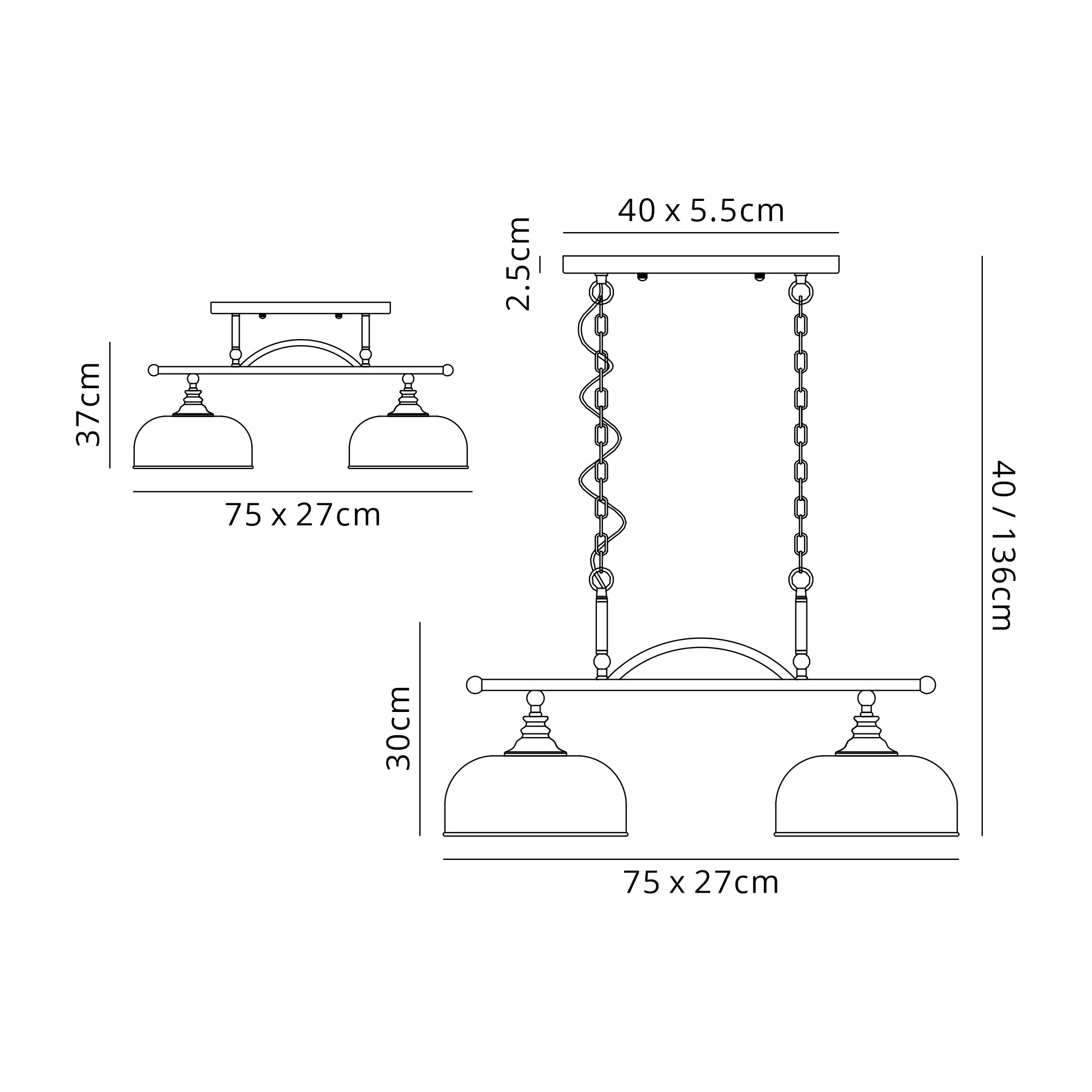 Luminosity Designs - Polished Nickel Sledmere 2 Light Bar (Converts to Semi Flush) 2x E27 - Luminosity Designs Ltd