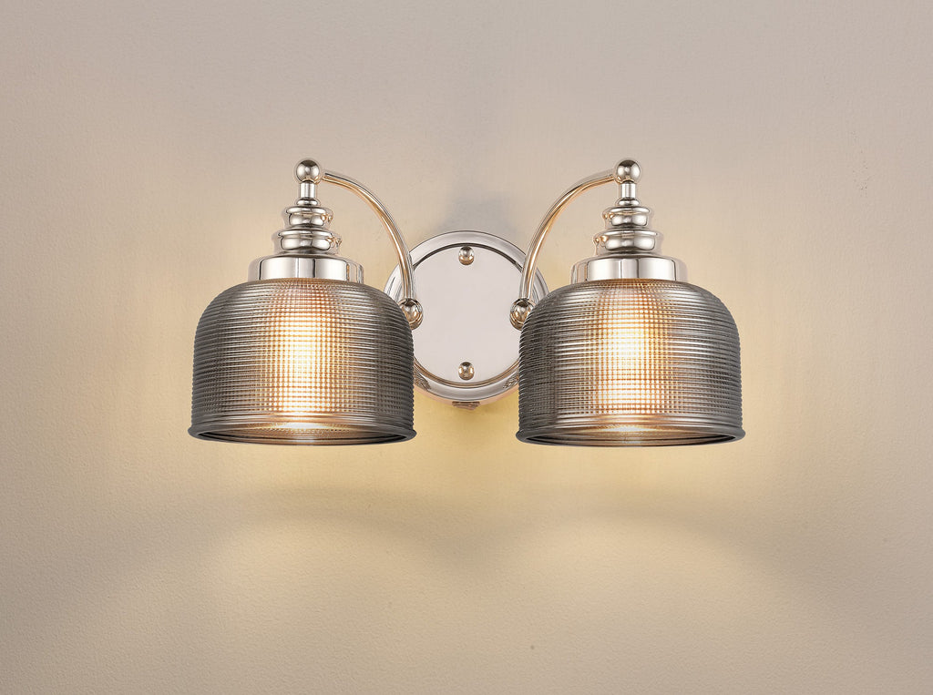 Luminosity Designs - Polished Nickel Sledmere Double Wall Light, Switched, 2 x E27, Glass Shade - Luminosity Designs Ltd