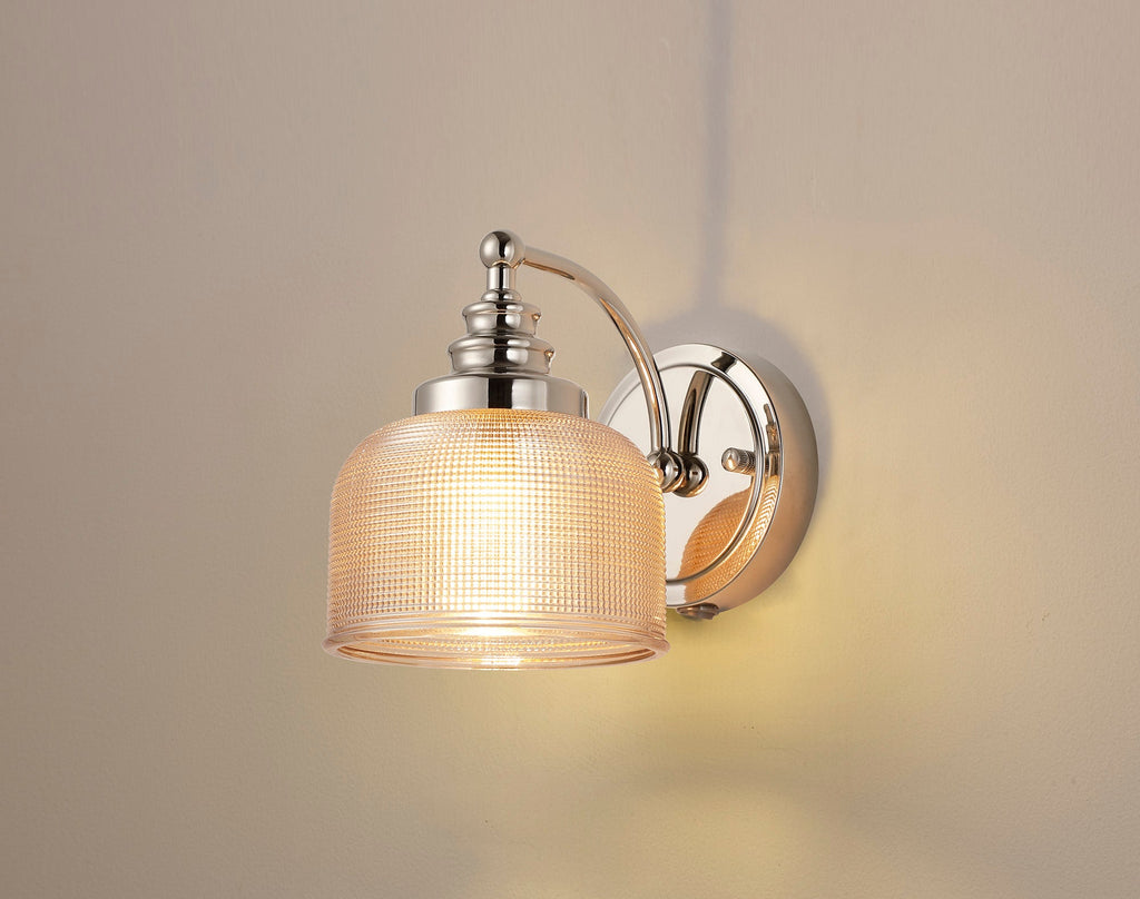 Luminosity Designs - Polished Nickel Sledmere Single Wall Light, Switched, 1 x E27, Glass Shade - Luminosity Designs Ltd
