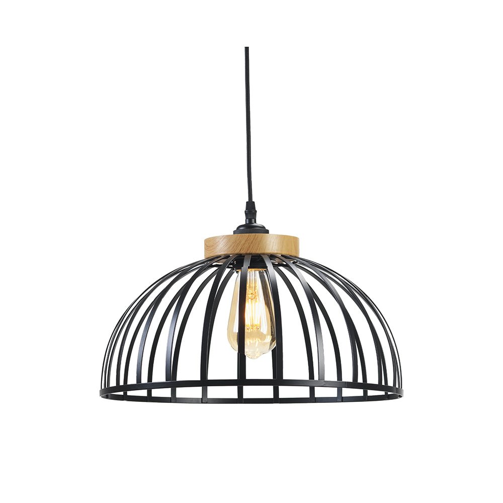 Pori Large Non Electric Pendant Shade in Matt Black Metalwork With Wood Effect Detailing (Oaks 6802) - Luminosity Designs Ltd