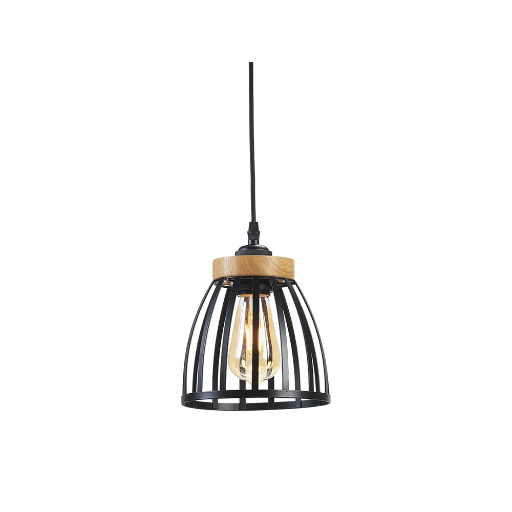 Oaks Lighting - Pori Small Non Electric Pendant Shade in Matt Black Metalwork With Wood Effect Detailing - Luminosity Designs Ltd