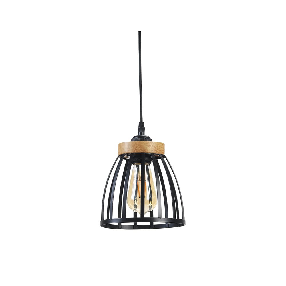Oaks Lighting - Pori Small Non Electric Pendant Shade in Matt Black Metalwork With Wood Effect Detailing - Luminosity Designs Ltd