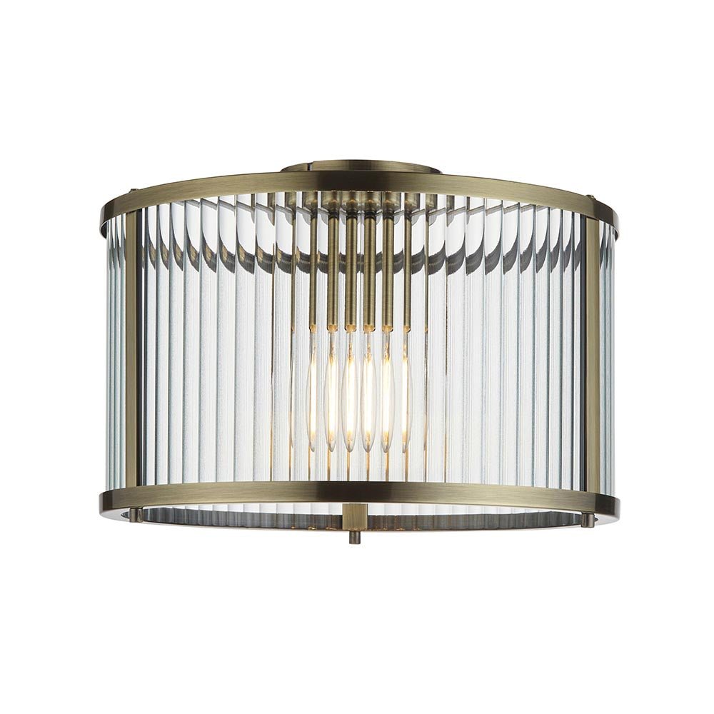 Endon - Ridgeton Flush Ceiling Light With Antique Brass Framework and Ribbed Glass Panel Shade, 1x E27 - Luminosity Designs Ltd