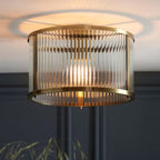 Endon - Ridgeton Flush Ceiling Light With Antique Brass Framework and Ribbed Glass Panel Shade, 1x E27 - Luminosity Designs Ltd