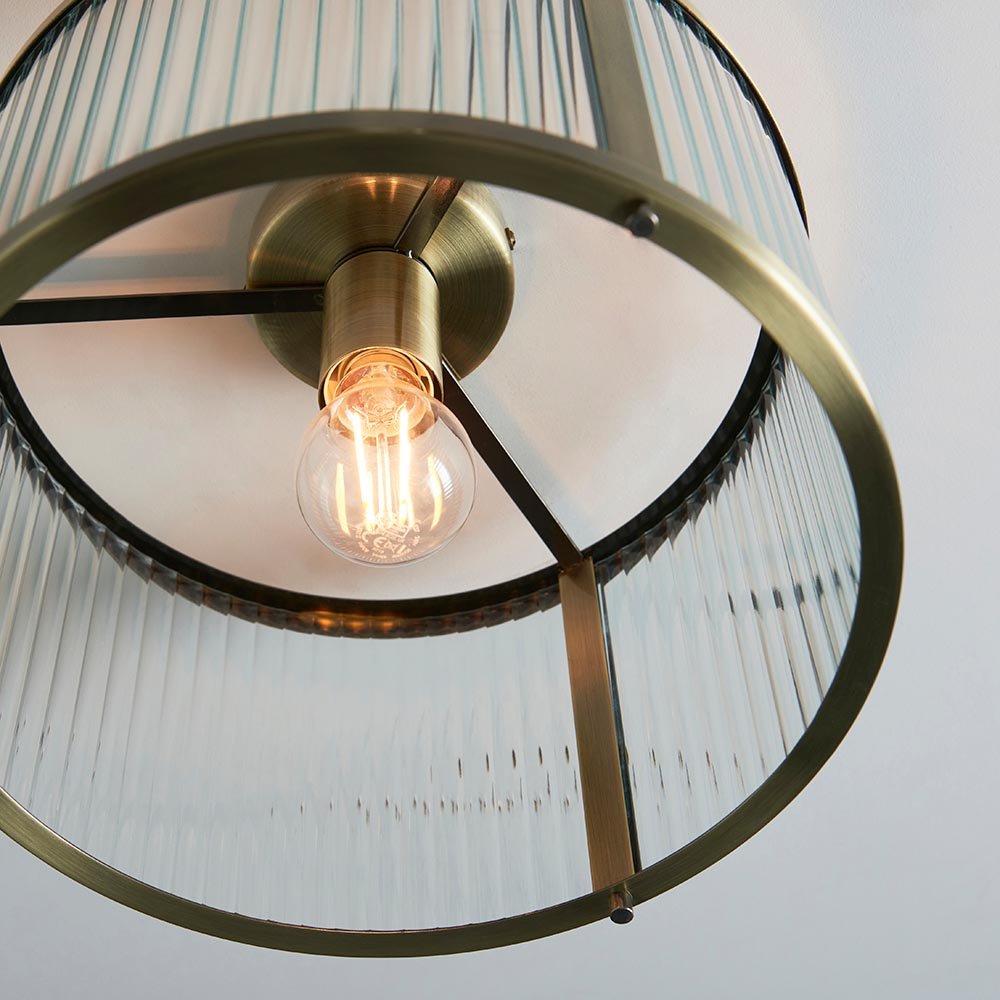 Endon - Ridgeton Flush Ceiling Light With Antique Brass Framework and Ribbed Glass Panel Shade, 1x E27 - Luminosity Designs Ltd