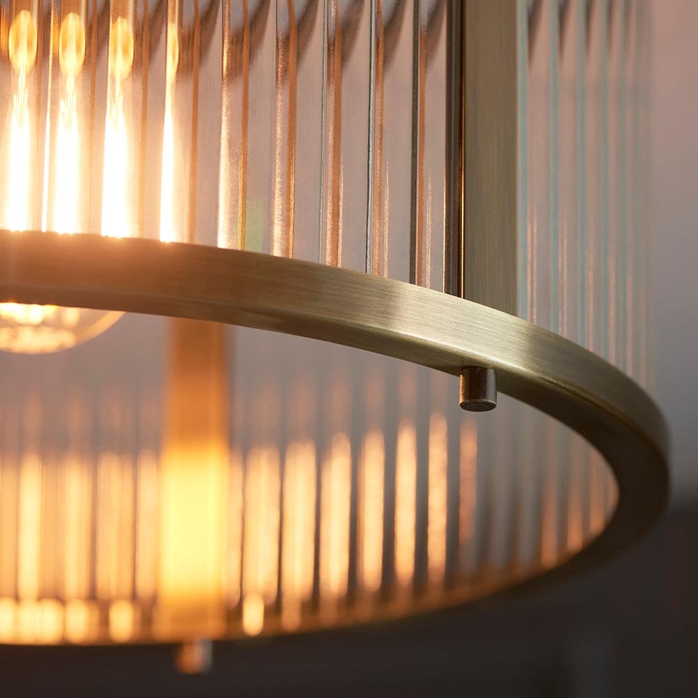Endon - Ridgeton Flush Ceiling Light With Antique Brass Framework and Ribbed Glass Panel Shade, 1x E27 - Luminosity Designs Ltd