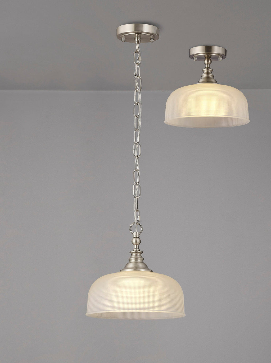 Luminosity Designs - Satin Nickel Sledmere 27cm Flush/Single Pendant, 1 Light Adjustable to Semi Flush, E27 - Luminosity Designs Ltd