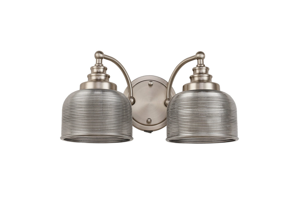 Luminosity Designs - Satin Nickel Sledmere Double Wall Light, Switched, 2 x E27, Glass Shade - Luminosity Designs Ltd