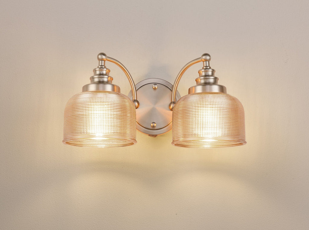 Luminosity Designs - Satin Nickel Sledmere Double Wall Light, Switched, 2 x E27, Glass Shade - Luminosity Designs Ltd