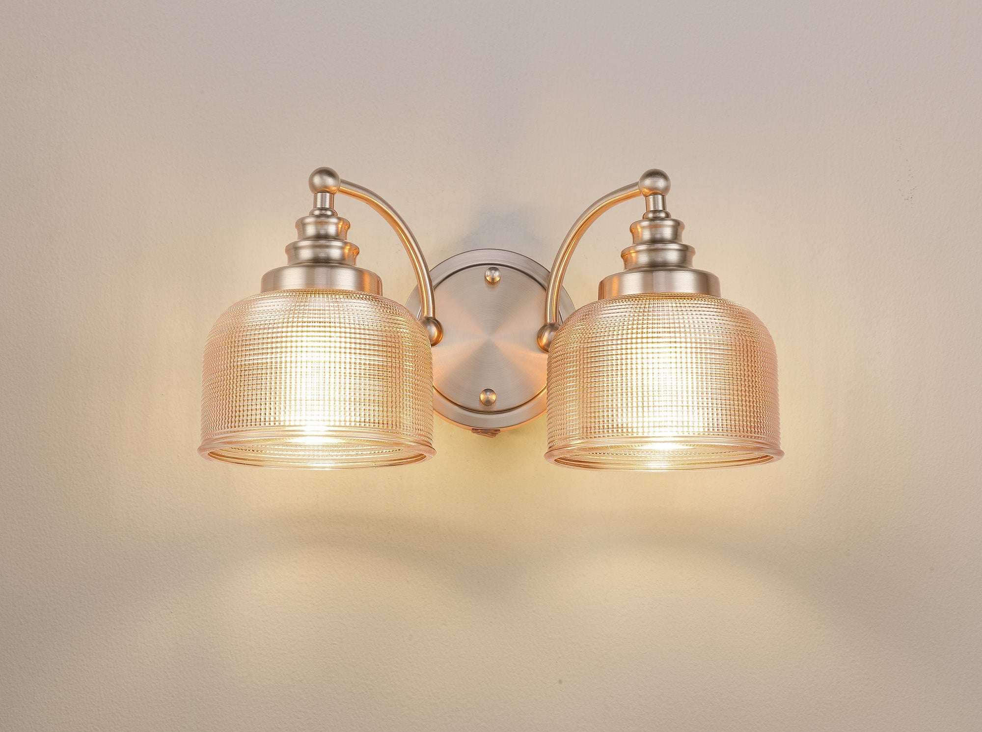 Luminosity Designs - Satin Nickel Sledmere Double Wall Light, Switched, 2 x E27, Glass Shade - Luminosity Designs Ltd