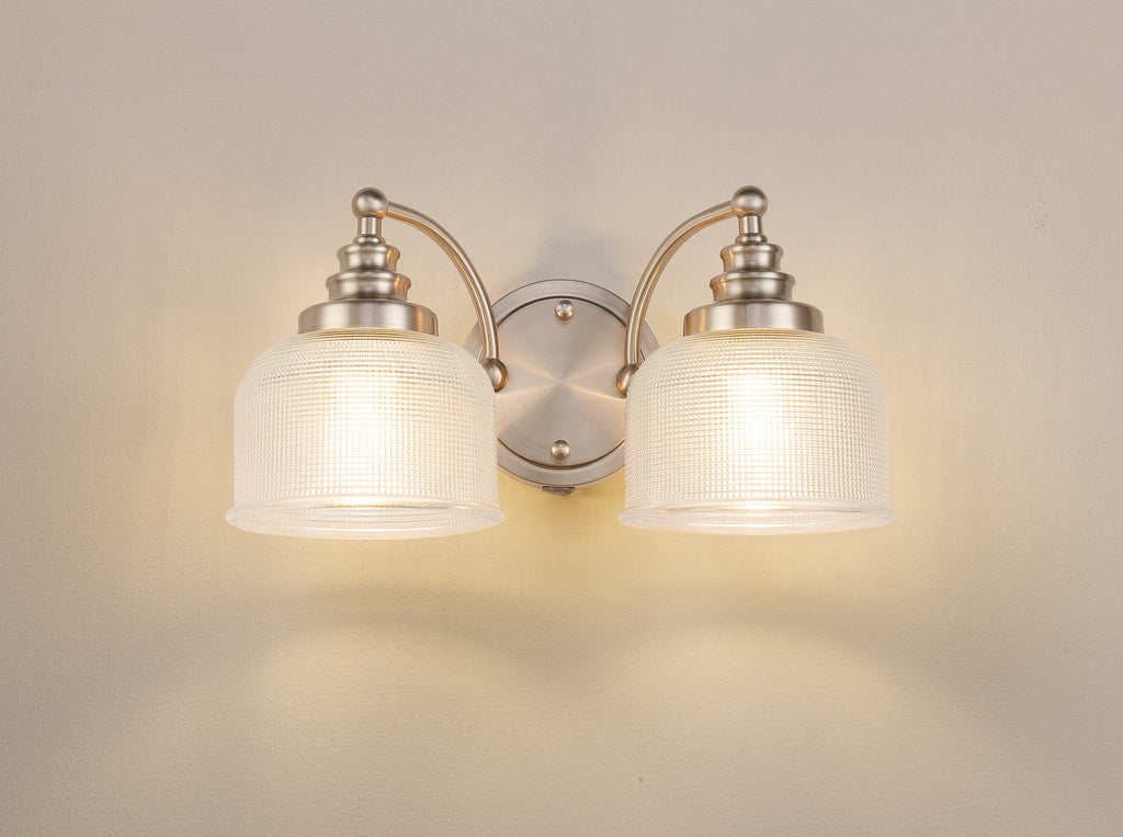Luminosity Designs - Satin Nickel Sledmere Double Wall Light, Switched, 2 x E27, Glass Shade - Luminosity Designs Ltd