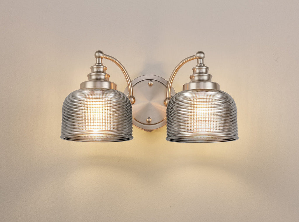 Luminosity Designs - Satin Nickel Sledmere Double Wall Light, Switched, 2 x E27, Glass Shade - Luminosity Designs Ltd