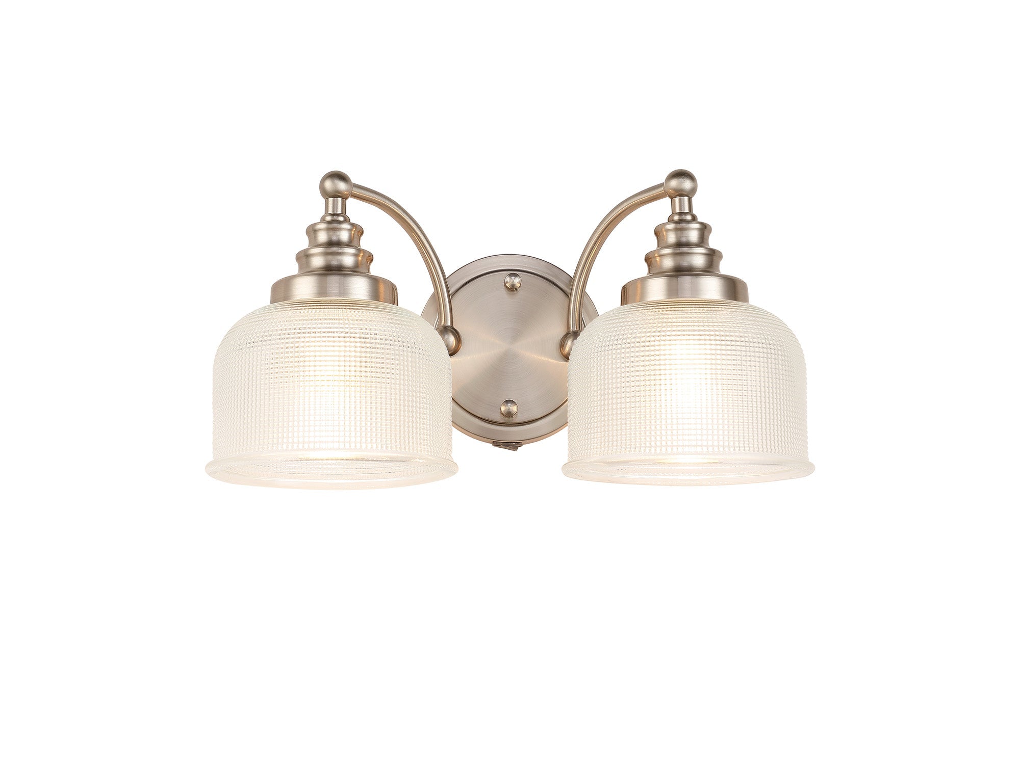 Luminosity Designs - Satin Nickel Sledmere Double Wall Light, Switched, 2 x E27, Glass Shade - Luminosity Designs Ltd