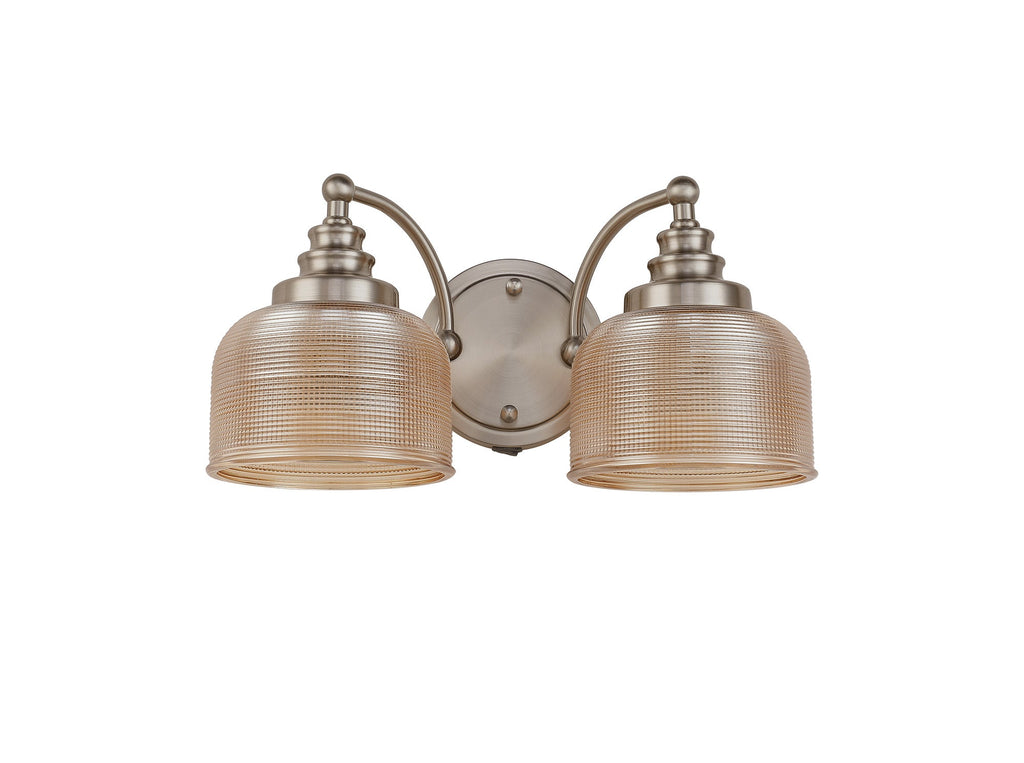 Luminosity Designs - Satin Nickel Sledmere Double Wall Light, Switched, 2 x E27, Glass Shade - Luminosity Designs Ltd