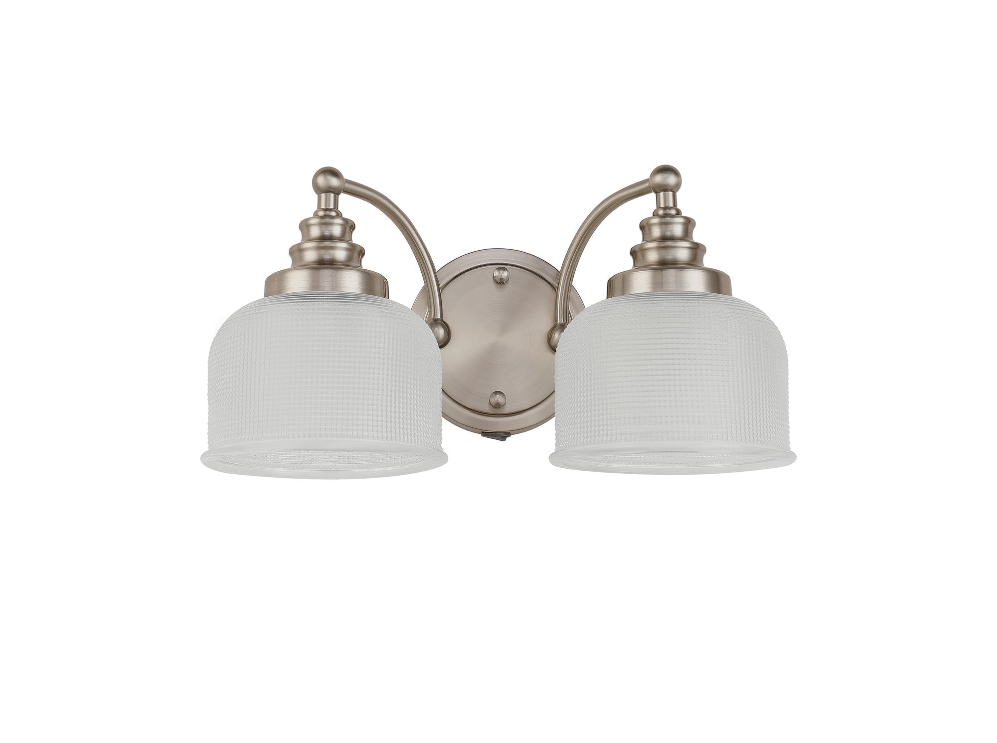 Luminosity Designs - Satin Nickel Sledmere Double Wall Light, Switched, 2 x E27, Glass Shade - Luminosity Designs Ltd