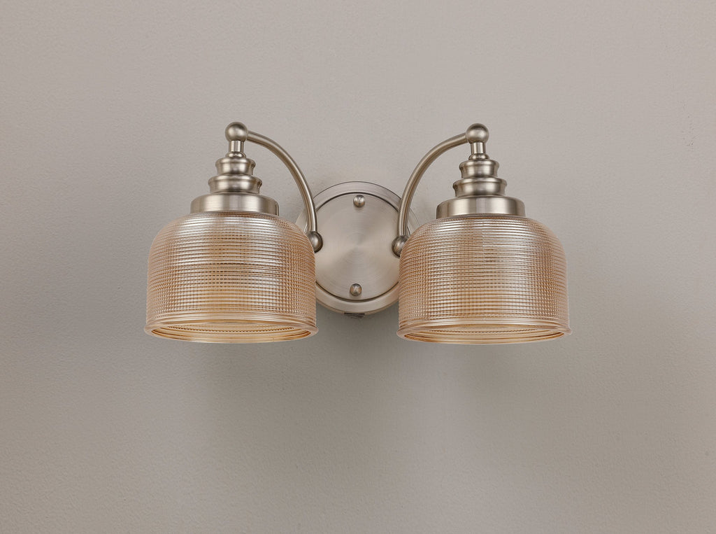 Luminosity Designs - Satin Nickel Sledmere Double Wall Light, Switched, 2 x E27, Glass Shade - Luminosity Designs Ltd
