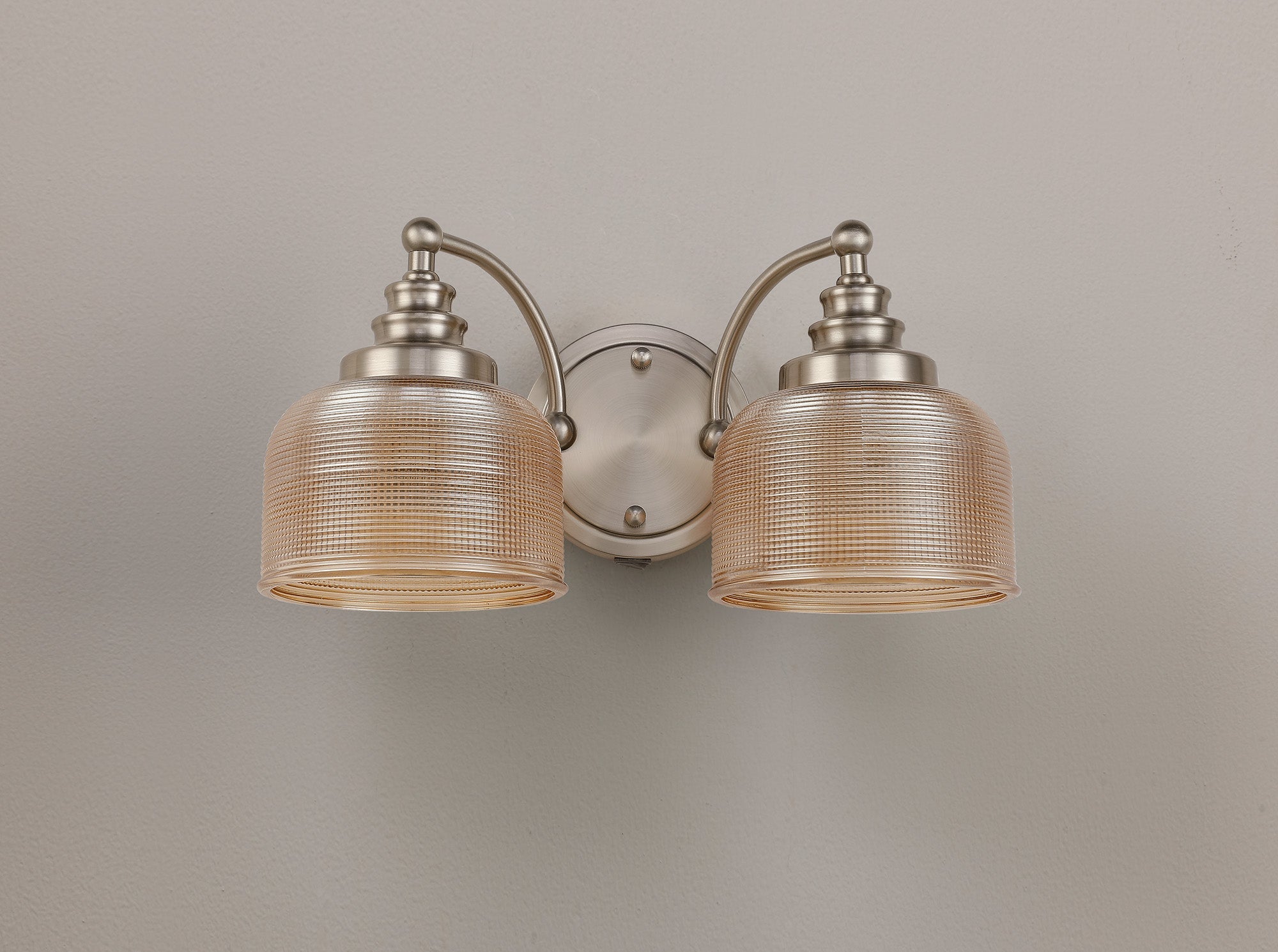 Luminosity Designs - Satin Nickel Sledmere Double Wall Light, Switched, 2 x E27, Glass Shade - Luminosity Designs Ltd