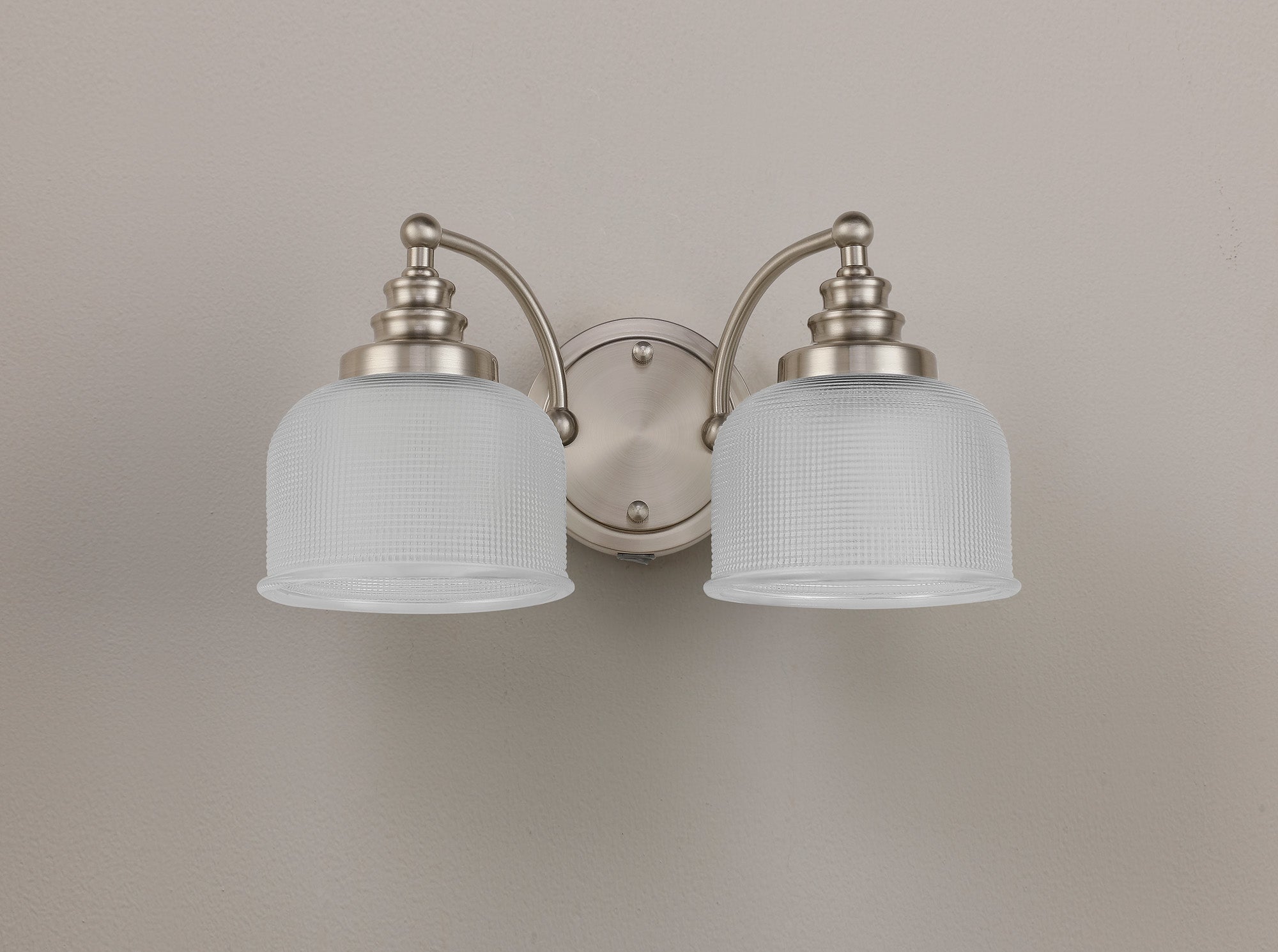 Luminosity Designs - Satin Nickel Sledmere Double Wall Light, Switched, 2 x E27, Glass Shade - Luminosity Designs Ltd