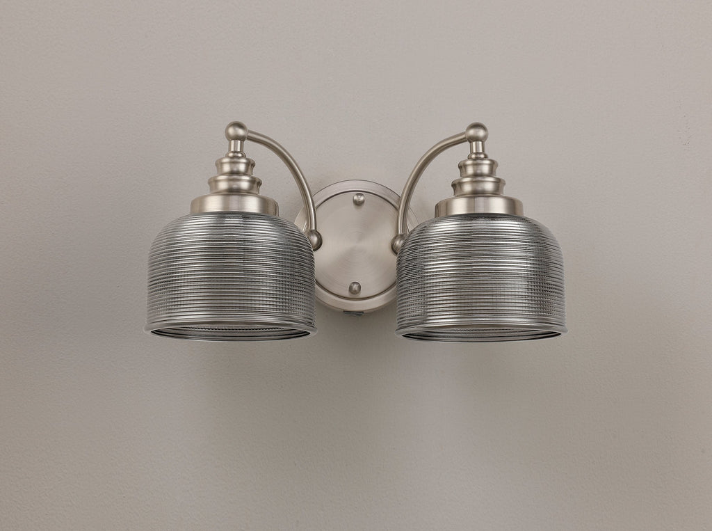 Luminosity Designs - Satin Nickel Sledmere Double Wall Light, Switched, 2 x E27, Glass Shade - Luminosity Designs Ltd