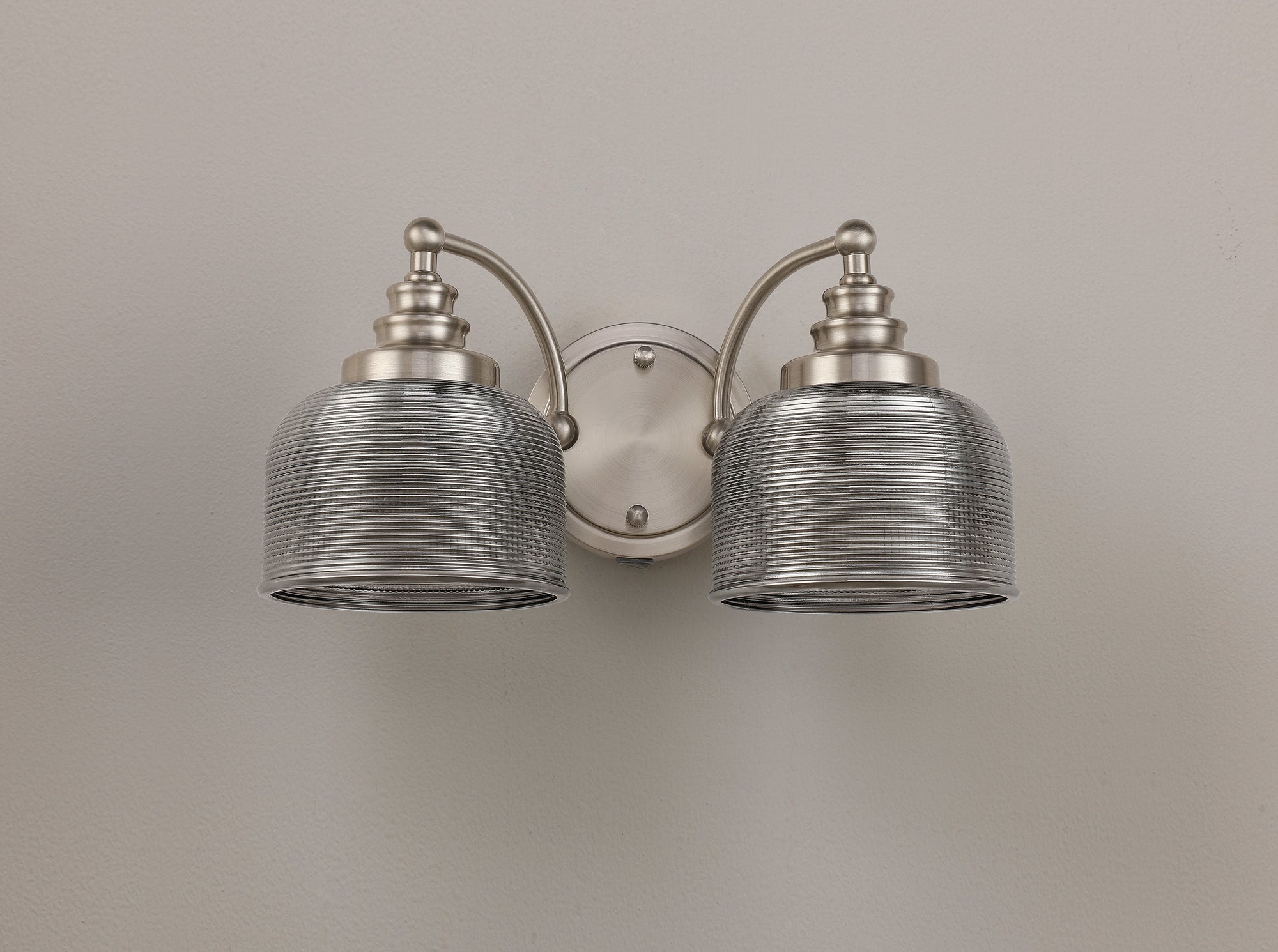 Luminosity Designs - Satin Nickel Sledmere Double Wall Light, Switched, 2 x E27, Glass Shade - Luminosity Designs Ltd