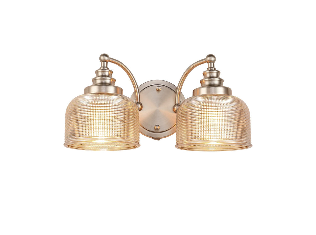 Luminosity Designs - Satin Nickel Sledmere Double Wall Light, Switched, 2 x E27, Glass Shade - Luminosity Designs Ltd