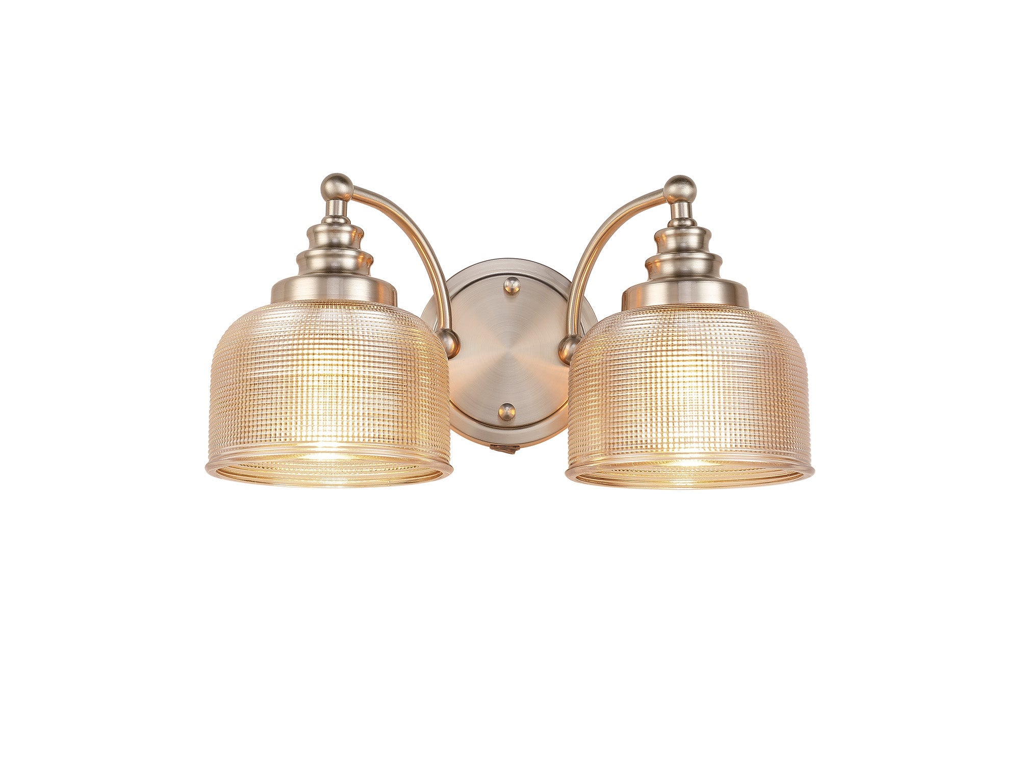 Luminosity Designs - Satin Nickel Sledmere Double Wall Light, Switched, 2 x E27, Glass Shade - Luminosity Designs Ltd
