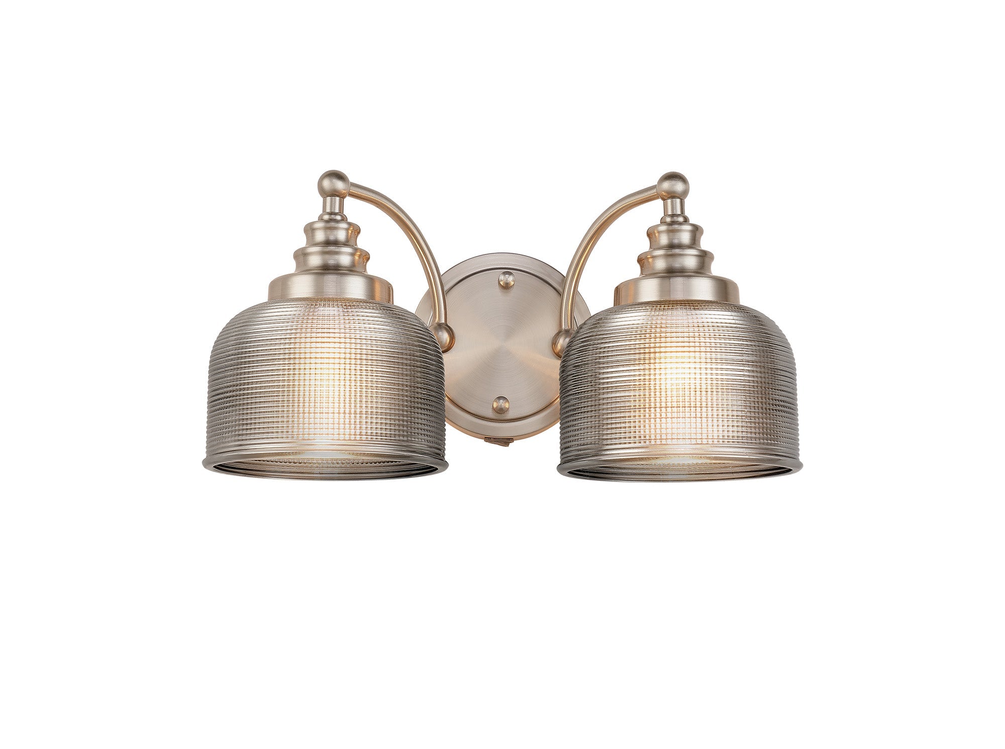 Luminosity Designs - Satin Nickel Sledmere Double Wall Light, Switched, 2 x E27, Glass Shade - Luminosity Designs Ltd