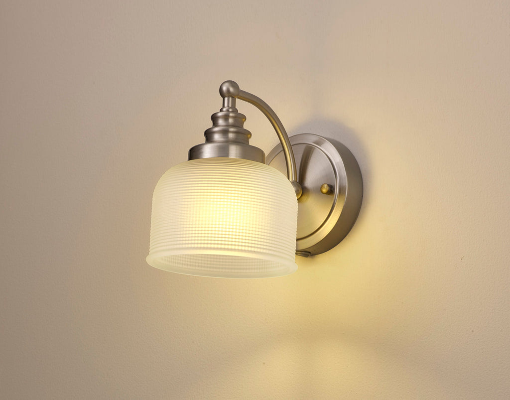 Luminosity Designs - Satin Nickel Sledmere Single Wall Light, Switched, 1 x E27, Glass Shade - Luminosity Designs Ltd