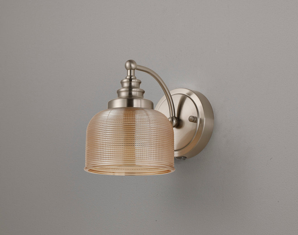 Luminosity Designs - Satin Nickel Sledmere Single Wall Light, Switched, 1 x E27, Glass Shade - Luminosity Designs Ltd