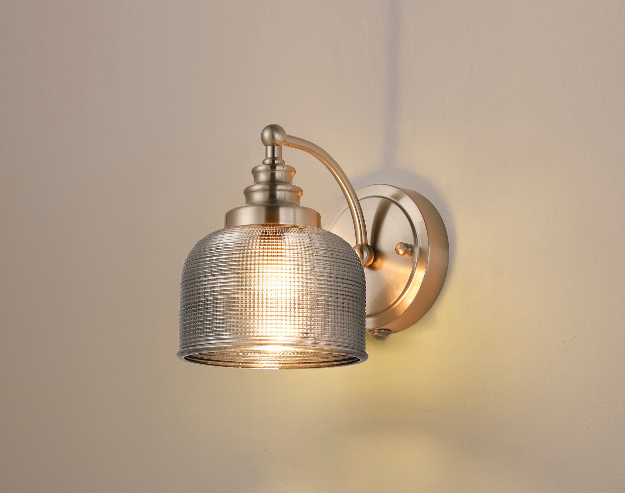Luminosity Designs - Satin Nickel Sledmere Single Wall Light, Switched, 1 x E27, Glass Shade - Luminosity Designs Ltd