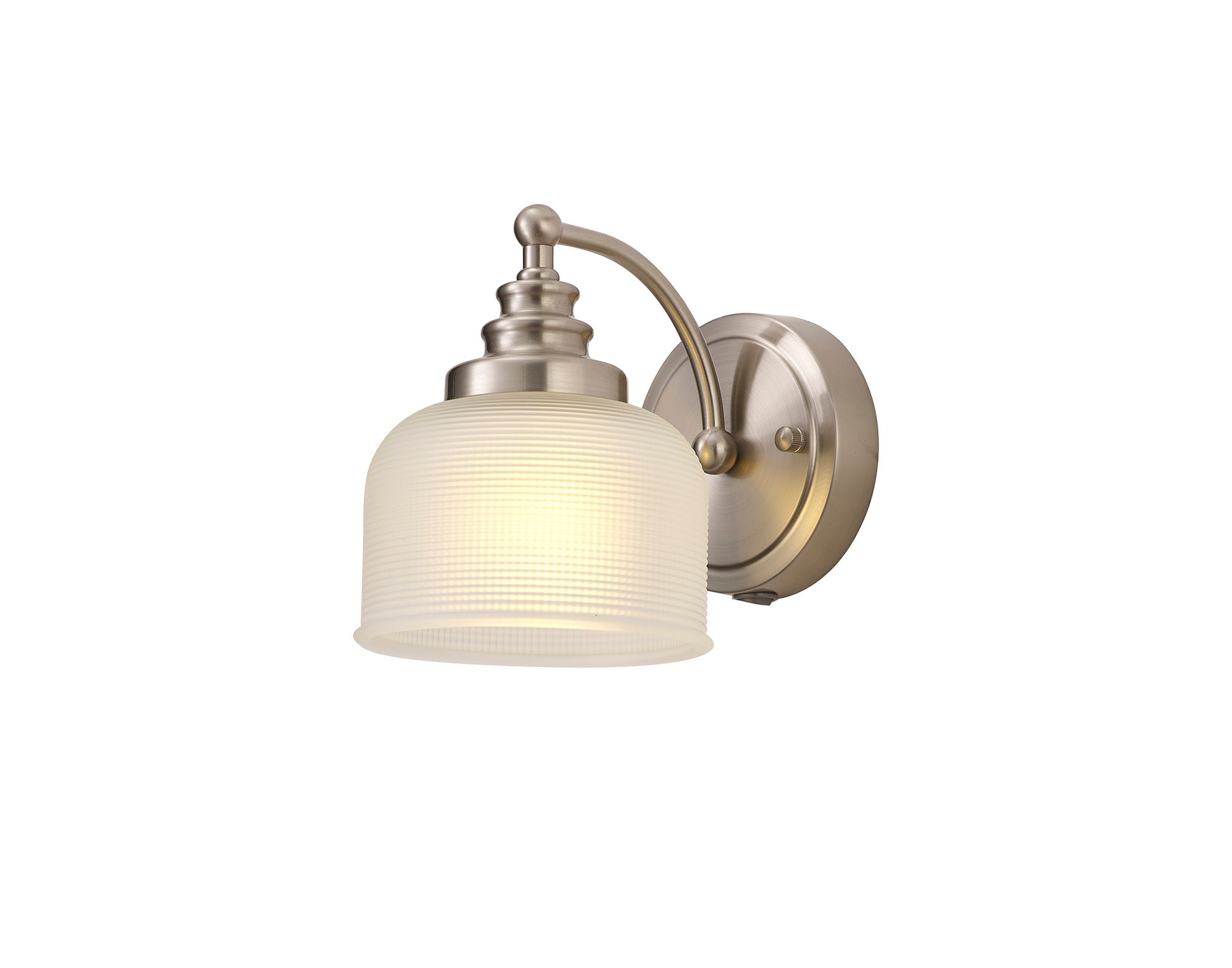 Luminosity Designs - Satin Nickel Sledmere Single Wall Light, Switched, 1 x E27, Glass Shade - Luminosity Designs Ltd