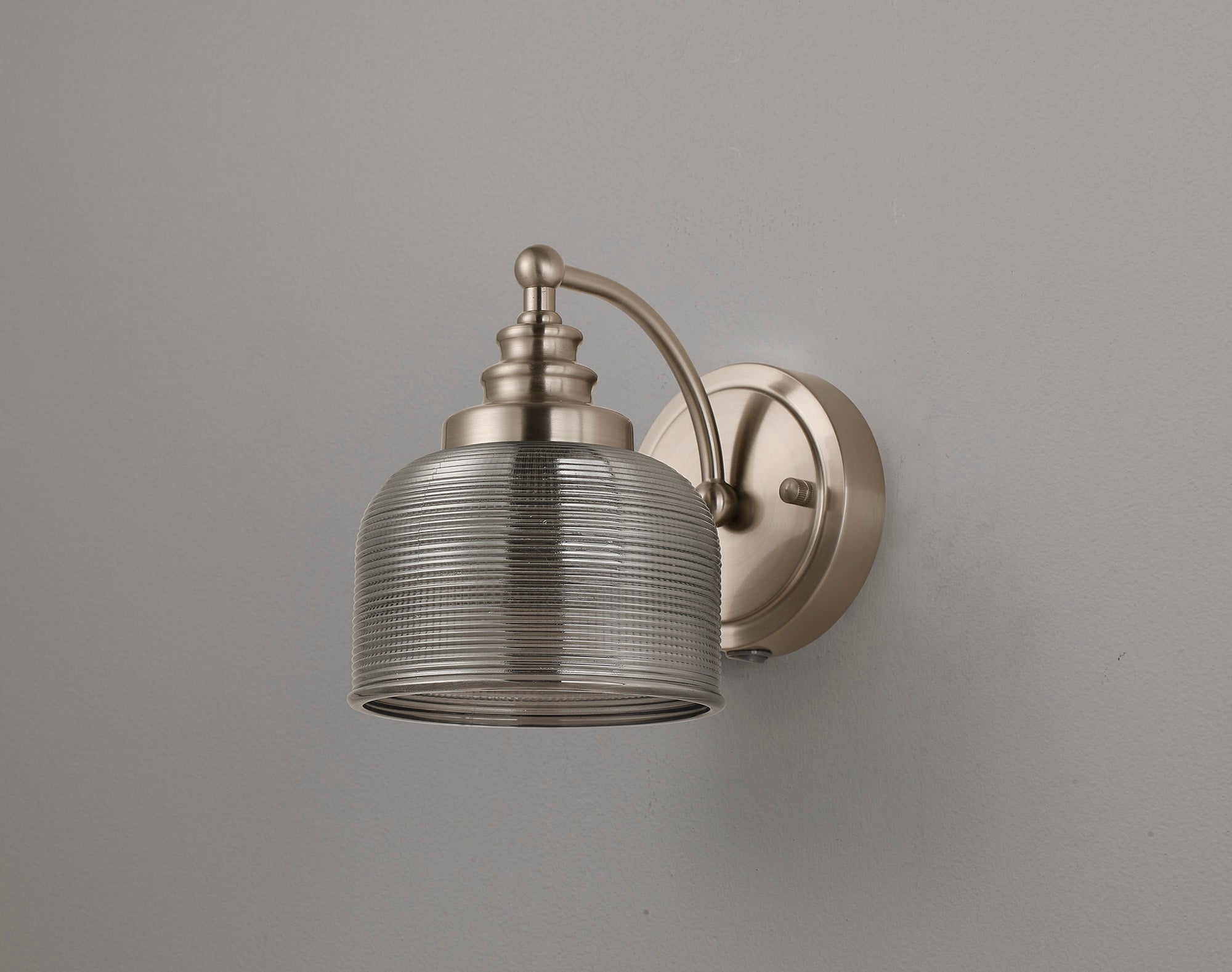 Luminosity Designs - Satin Nickel Sledmere Single Wall Light, Switched, 1 x E27, Glass Shade - Luminosity Designs Ltd