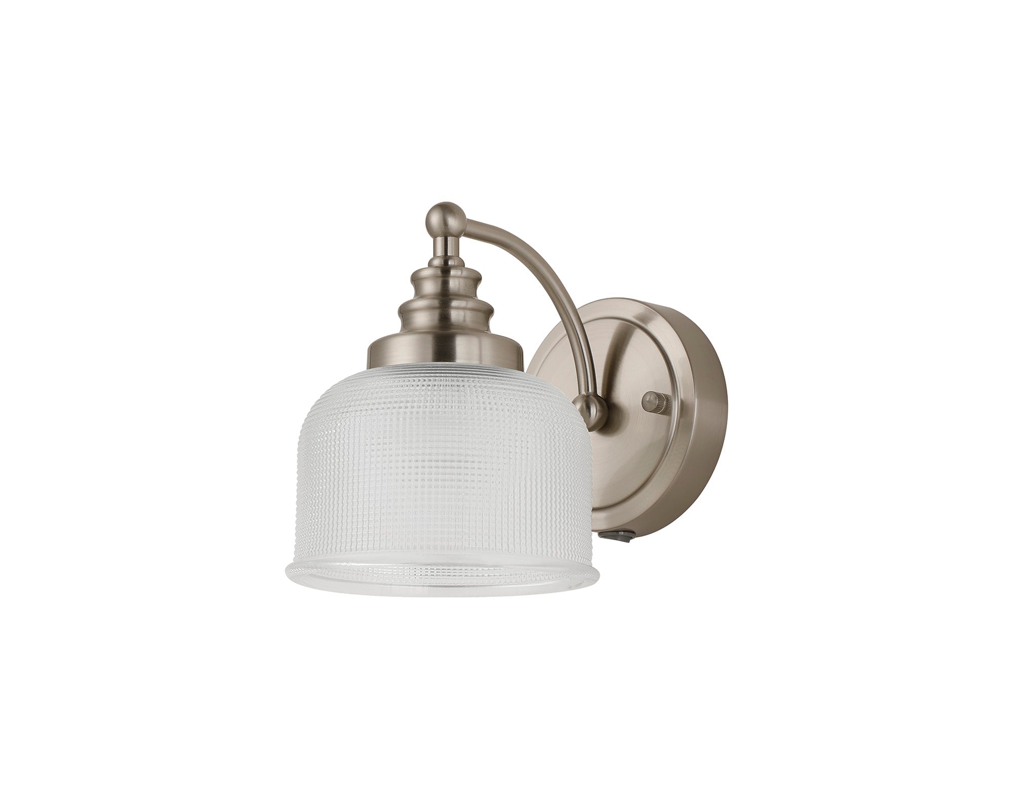 Luminosity Designs - Satin Nickel Sledmere Single Wall Light, Switched, 1 x E27, Glass Shade - Luminosity Designs Ltd