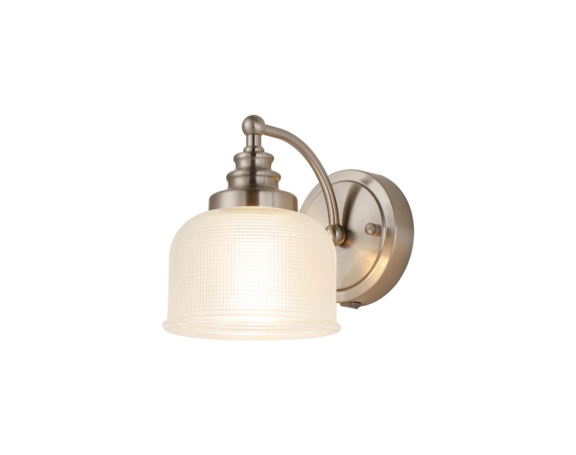 Luminosity Designs - Satin Nickel Sledmere Single Wall Light, Switched, 1 x E27, Glass Shade - Luminosity Designs Ltd