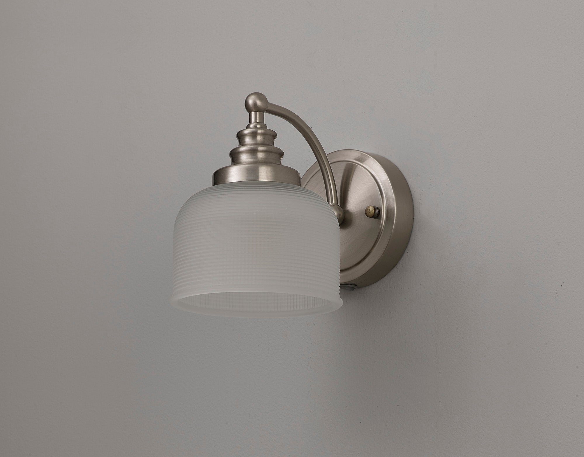 Luminosity Designs - Satin Nickel Sledmere Single Wall Light, Switched, 1 x E27, Glass Shade - Luminosity Designs Ltd