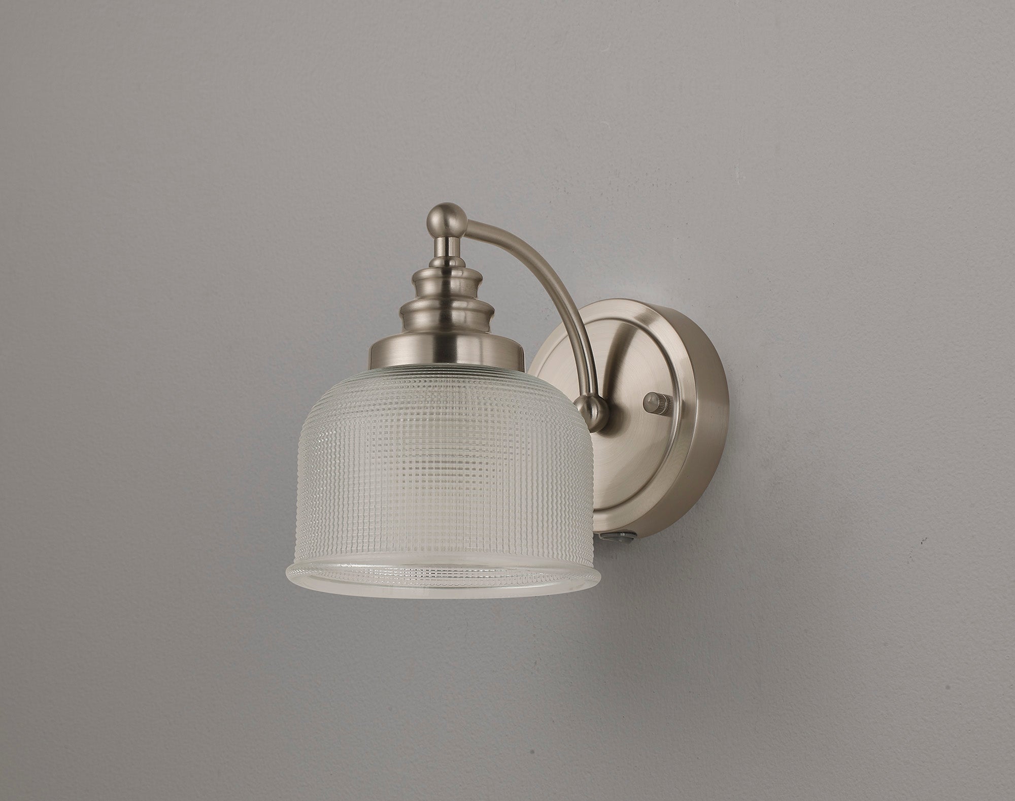 Luminosity Designs - Satin Nickel Sledmere Single Wall Light, Switched, 1 x E27, Glass Shade - Luminosity Designs Ltd