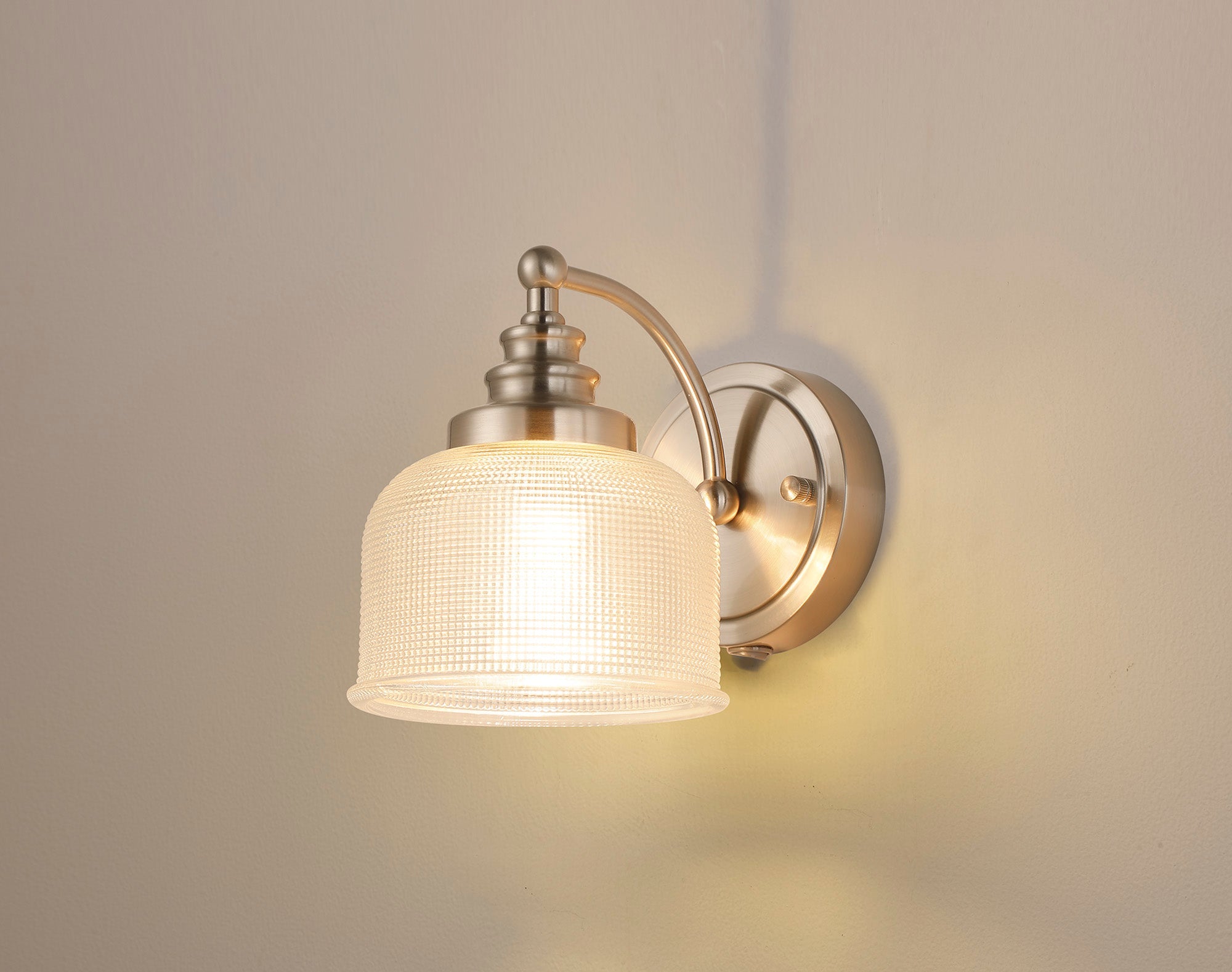 Luminosity Designs - Satin Nickel Sledmere Single Wall Light, Switched, 1 x E27, Glass Shade - Luminosity Designs Ltd
