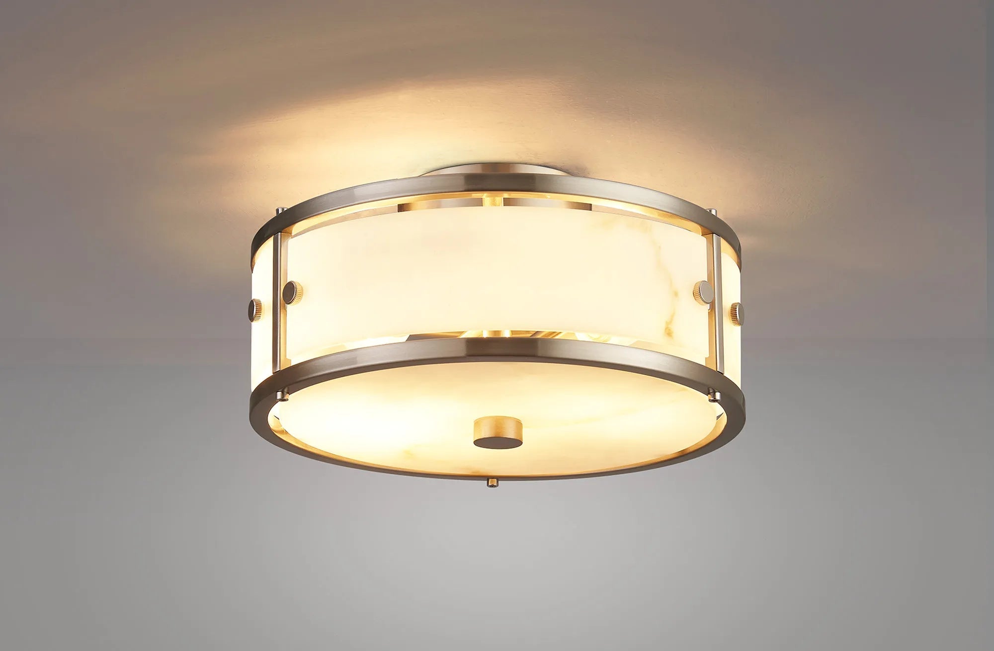 Luminosity Designs Ltd - Sherlock 25cm Round Ceiling, 2 Light E14,, IP44, Satin Nickel with Faux Alabaster Glass - Luminosity Designs Ltd