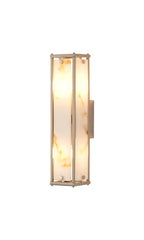Sherlock 40cm Rectangular Wall Light, 2 Light E14, IP44, Satin Nickel with Faux Alabaster Glass