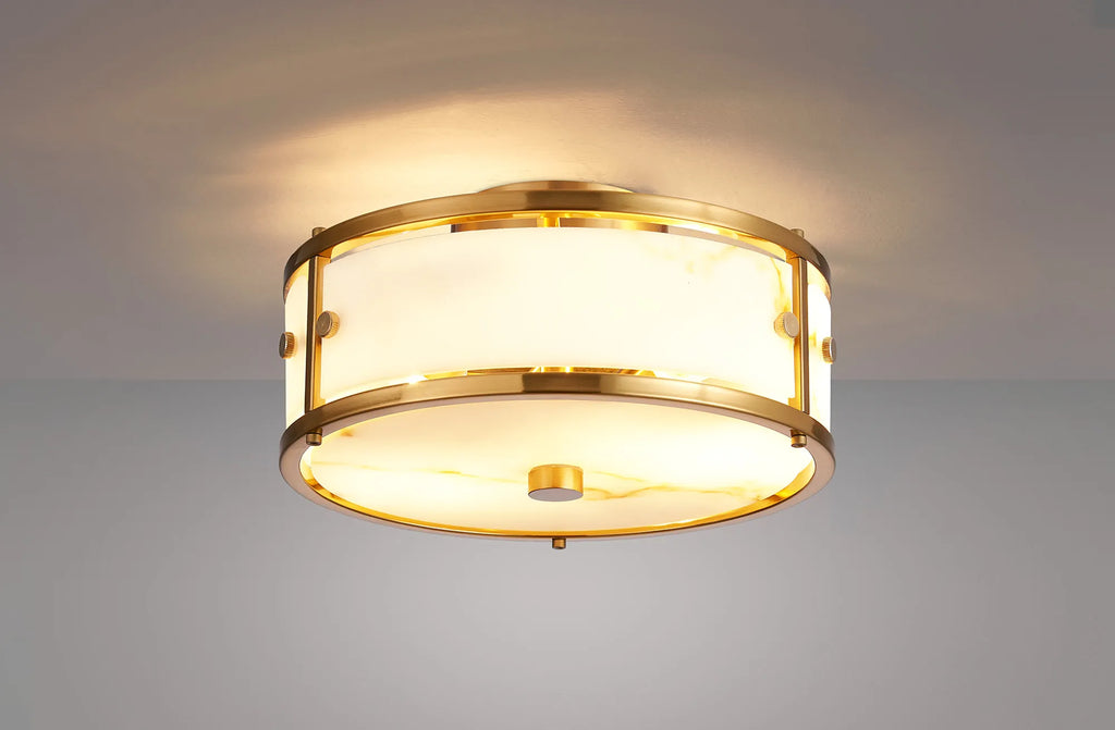 Sherlock 25cm Round Ceiling, 2 Light E14, IP44, Brass with Faux Alabaster Glass