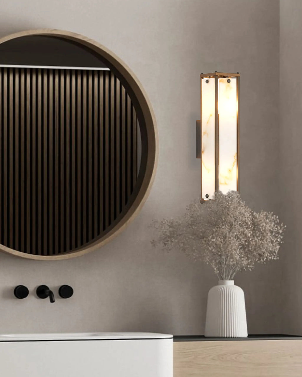 Sherlock 40cm Rectangular Wall Light, 2 Light E14, IP44, Painted Bronze with Faux Alabaster Glass